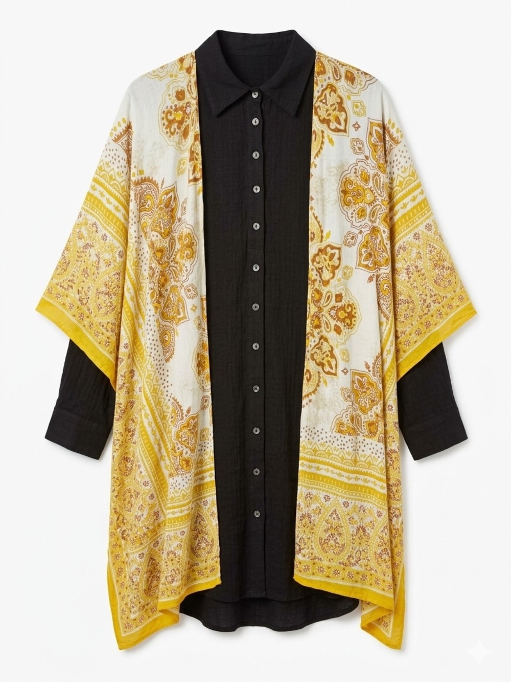 Michael Stars Black Button-Down Shirt with Yellow Paisley Kimono